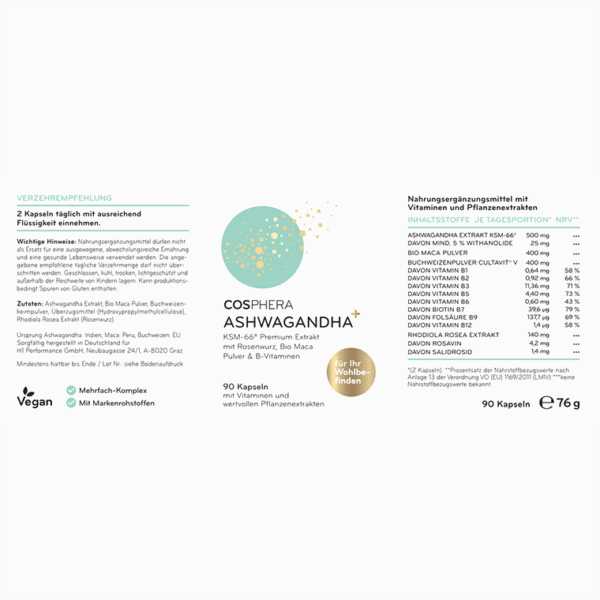 ASHWAGANDHA+ Premium 500mg Kapslid 90tk Cosphera - võimas tugi immuunsusele ja vaimsele heaolule (45 päeva kogus) Klientide lemmik!