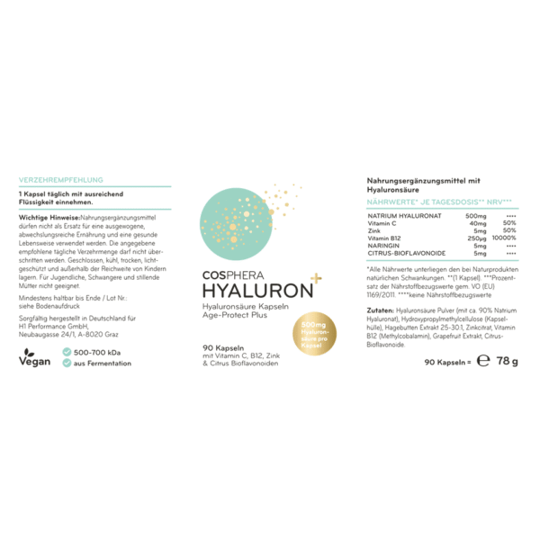 HÜALUROONHAPPE KAPSLID 500mg (Age-Protect Plus) 90tk Cosphera - 3 kuu kogus